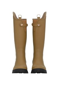 Wysokie, oliwkowe gumowe kalosze z czarnymi podeszwami. Cechują się teksturowanym wykończeniem, regulowanymi bocznymi paskami i pętelkami do ciągnięcia na górze.