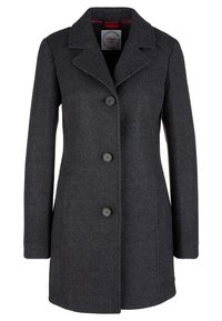 Cappotto da donna in misto lana grigio scuro con colletto a scollo a V e tre bottoni frontali, progettato per il freddo.