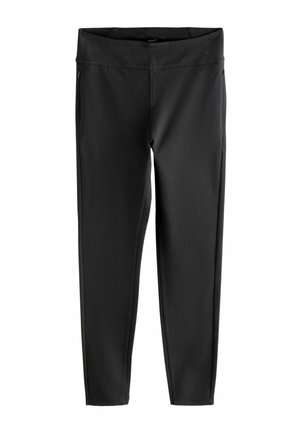 Schwarze Leggings aus dehnbarem Stoff mit einem breiten Bund. Sie verfügen über eine glatte Textur und eine enganliegende Passform, die sich gut für Sportbekleidung eignet.
