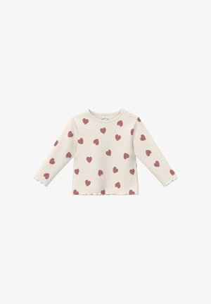 Roomkleurig babyhemd met lange mouwen, roze hartjespatroon, ronde hals, knoopsluitingen op de schouder en gegolfde randen.
