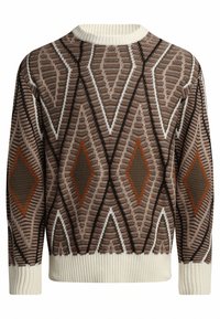 Knitted sweater featuring a geometric diamond pattern in brown, cream, and orange. Ribbed collar and hem with textured fabric.