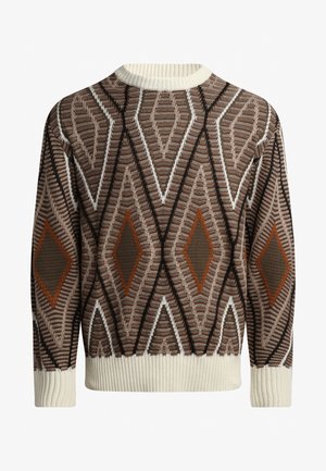 Strickpullover mit geometrischem Rautenmuster in Braun, Creme und Orange. Gerippter Kragen und Saum mit strukturiertem Stoff.