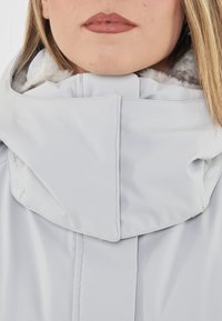 Donna che indossa un cappotto invernale grigio chiaro con un alto colletto foderato in morbida pelliccia grigia, labbra visibili sopra il colletto.