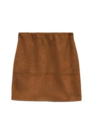 Brun suedette mini nederdel med elastisk talje, pyntet med stikninger for et tekstureret udseende. Glat finish og enkelt design.