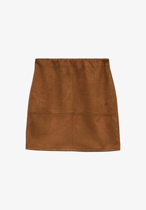 Brun suedette mini nederdel med elastisk talje, pyntet med stikninger for et tekstureret udseende. Glat finish og enkelt design.