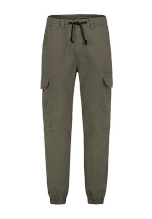 Cargo-Hosen in Olivgrün, aus Baumwolle gefertigt. Merkmale sind ein elastischer Bund mit Kordelzug, Seitentaschen und elastische Bündchen.