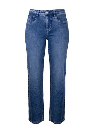 Blaue Jeans aus Denim, mit einem geraden Schnitt, fünf Taschen und einem Knopfverschluss an der Taille.