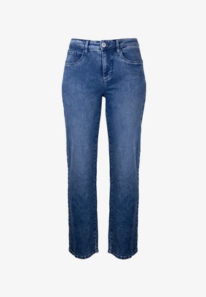 Blaue Jeans aus Denim, mit einem geraden Schnitt, fünf Taschen und einem Knopfverschluss an der Taille.