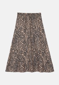 Une jupe de longueur genoux en tissu léger, avec un fond beige et des motifs d'animaux noirs, incluant des motifs de léopard et de zèbre.