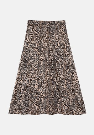 Spódnica do kolan wykonana z lekkiego materiału, z beżowym tłem i czarnymi wzorami zwierzęcymi, w tym motywami lamparta i zebry.