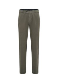 Olive green chinos with a slim fit, flat front, single button closure, and belt loops. Smooth cotton fabric with minimal detailing.
