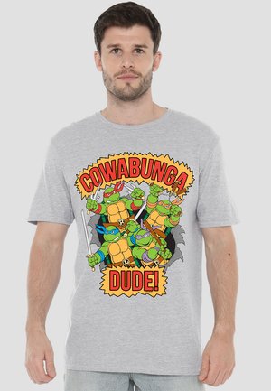 Gray short-sleeve t-shirt featuring a colorful graphic of cartoon turtles with weapons, surrounded by "COWABUNGA DUDE!" text in bold.