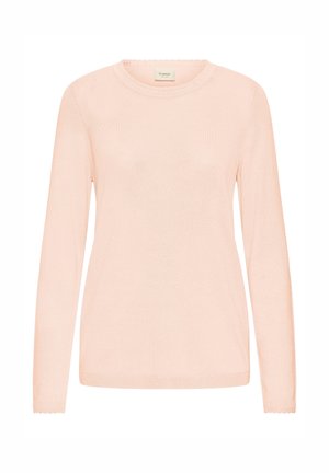 Pull en maille rose pâle à manches longues avec un col rond, une texture côtelée et des bords festonnés aux poignets et à l'ourlet. Matière douce et légère.