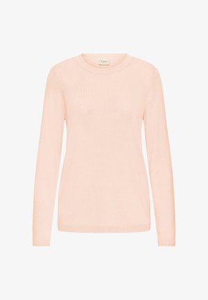 Világos rózsaszín hosszú ujjú kötött pulóver kerek nyakkal, bordázott textúrával és hullámos szegélyekkel az ujjak végén és az alján. Puha, könnyű anyagból készült.