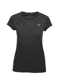 Svart tränings-t-shirt med korta ärmar, med ett geometriskt grått mönster över framsidan och en rund halsringning. Slät textur.