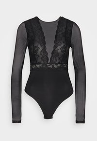 Bodysuit negro con mangas largas de tul transparente, detalle de encaje en el bodice, escote en V profundo y un acabado suave en la parte inferior.