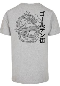 Gray cotton t-shirt featuring a large black dragon graphic on the back, accompanied by Japanese text in vertical alignment.