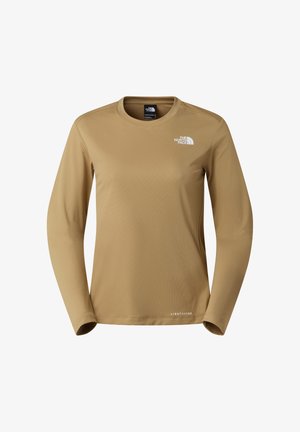 Camisa de manga larga en color caqui, confeccionada con tela texturizada. Presenta un logo en el pecho izquierdo y el nombre de la marca sutilmente en el dobladillo.