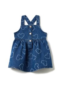 Jeanskleid mit Herzmuster, ärmelloses Design und verstellbaren Trägern. Verfügt über eine durchgehende Knopfleiste und eine geraffte Taille für eine ausgestellte Silhouette.