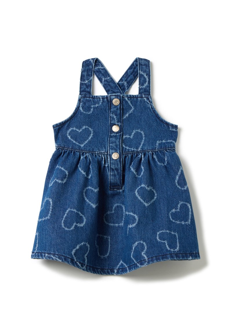 Jeanskleid mit Herzmuster, ärmelloses Design und verstellbaren Trägern. Verfügt über eine durchgehende Knopfleiste und eine geraffte Taille für eine ausgestellte Silhouette.