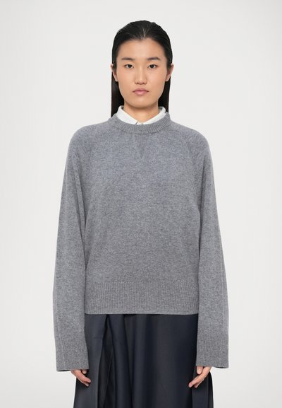 Pull en laine gris avec un col rond, des poignets et un ourlet côtelés, et une coupe décontractée, porté par-dessus une chemise blanche à col.