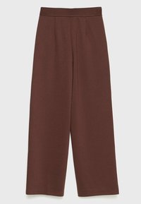 Bruine wijde broek, gemaakt van zachte stof, met een soepele tailleband en zonder zichtbare zakken of sluitingen. Schone, minimalistische uitstraling.