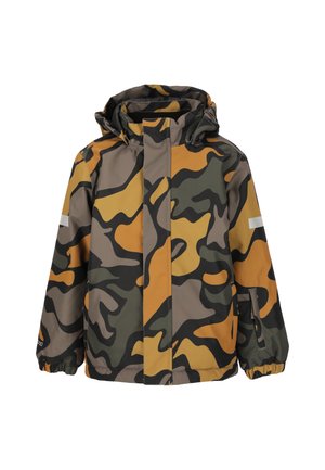 Getarnte Jacke in Brauntönen, Grün und Orange. Verfügt über eine Kapuze, elastische Bündchen und eine Reißverschlusstasche an der Seite. Wasserabweisendes Material mit einer glatten Textur.