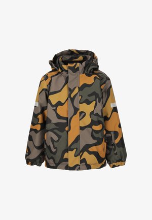Getarnte Jacke in Brauntönen, Grün und Orange. Verfügt über eine Kapuze, elastische Bündchen und eine Reißverschlusstasche an der Seite. Wasserabweisendes Material mit einer glatten Textur.