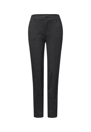 Donkergrijze slim fit broek met knoopsluiting en riemlussen, ontworpen voor formeel of kantoor gebruik.
