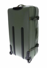 Grüner Hartschalenkoffer mit strukturiertem Finish, zwei Griffen und vier Rädern. Verfügt über schwarze Akzente und einen seitlichen Kompressionsgurt.