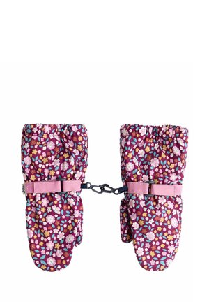 Ett par vantar med ett blommönster av rosa, gula och blå blommor på en lila bakgrund. Har elastiska manschetter och kopplingsremmar.