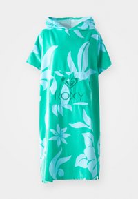 Turquoise capuchon poncho met korte mouwen, met een bloemenpatroon en een voorzak met het "Roxy" logo in lichter groen.