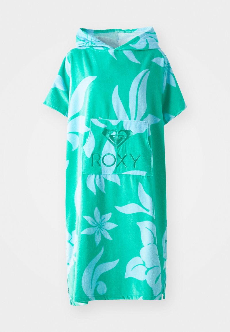 Turquoise capuchon poncho met korte mouwen, met een bloemenpatroon en een voorzak met het "Roxy" logo in lichter groen.