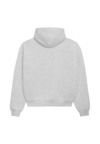Sweat à capuche gris clair à manches longues avec poignets et taille côtelés, vu de dos avec un design simple et une capuche attachée.