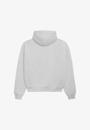 Svjetlosiva dugih rukava majica s kapuljačom, rebrastim manšetama i pojasom, prikazana straga s jednostavnim dizajnom i pričvršćenom kapuljačom.