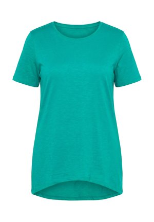 Maglietta da donna a maniche corte color verde petrolio con scollo rotondo e orlo posteriore curvo leggermente più lungo.