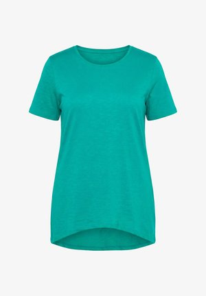 Turkoois dames T-shirt met korte mouwen, een ronde halslijn en een iets langere, afgeronde zoom aan de achterkant.