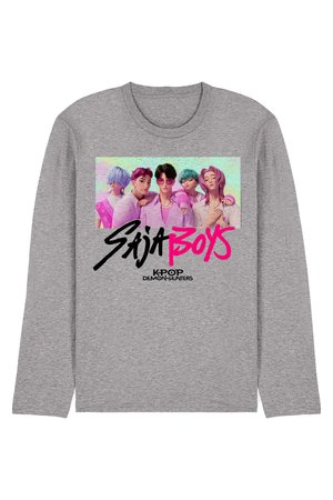 Long-sleeve gray shirt with illustrated group of five colorful-haired young men and text "Saja Boys K-POP Demon Hunters" on front.