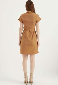 Kurzärmliges, braunes Kleid mit taillierter Passform und ausgestelltem Rock. Verfügt über einen Kragen und eine Schleifendetail am Rücken, gefertigt aus glattem Stoff.