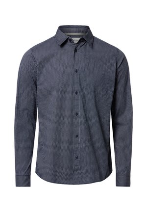 Granatowa koszula na długi rękaw z białymi pionowymi, kropkowanymi paskami i klasycznym kołnierzem.