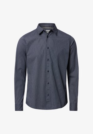 Granatowa koszula na długi rękaw z białymi pionowymi, kropkowanymi paskami i klasycznym kołnierzem.