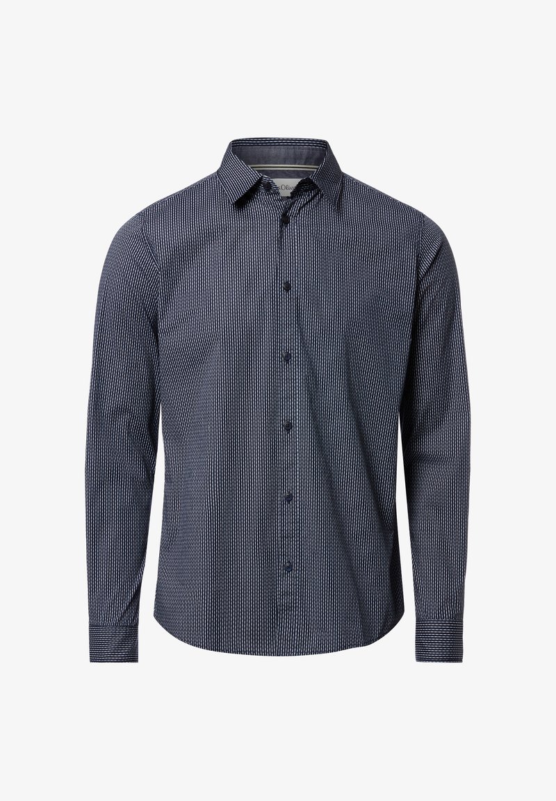 Tumši zila garām piedurknēm krekls ar baltām vertikālām punktiņu svītrām un klasisku apkakli.