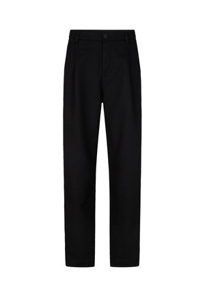 Black, tailored trousers made of smooth fabric, featuring a straight leg, pleats at the front, and a single button closure.
