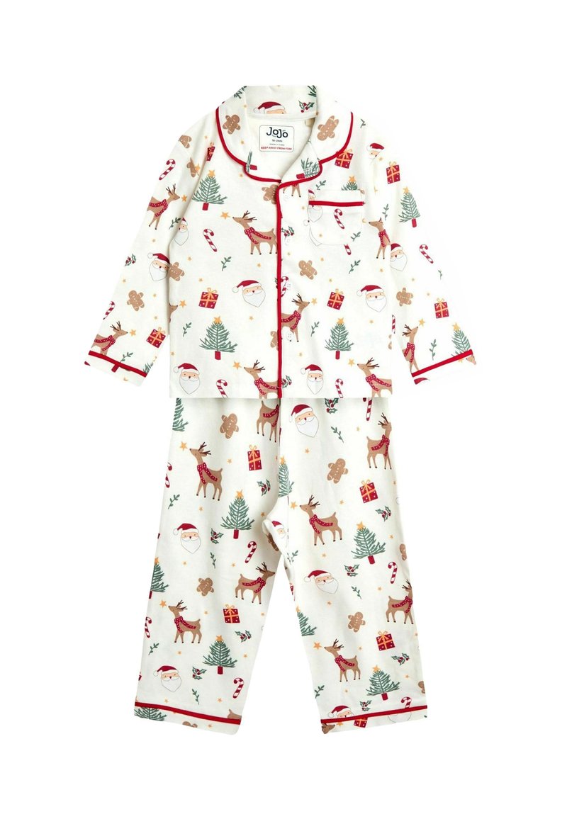 Pijamas blancos de dos piezas para niños con motivos navideños que incluyen a Santa, renos, árboles, bastones de caramelo, regalos y hombres de jengibre, rematados en rojo.