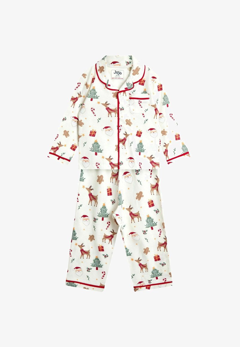 Dječje dvodijelne bijele pidžame s božićnim motivima uključujući Djeda Mraza, jelene, božićna drvca, štapiće od slatkiša, poklone i medenjake, obrubljene crvenom bojom.