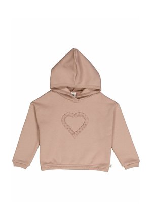 Hættetrøje i blød pink stof med et tekstureret hjerte-design i midten. Lange ærmer med ribbede manchetter og kant.