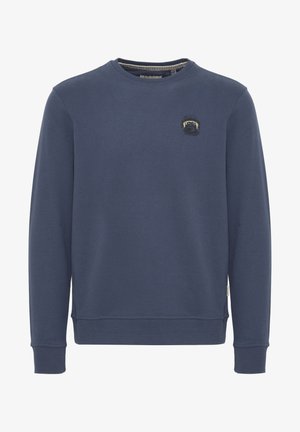 Navy blue sweatshirt made of soft fabric featuring a round neckline, long sleeves, and a small embroidered logo on the chest.