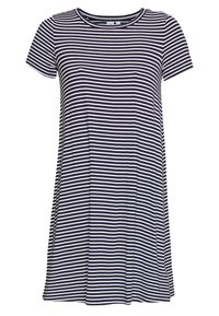 Granatowo-białe, w paski, krótki rękaw, sukienka o okrągłym dekolcie, luźnym kroju, miękkim materiale i swobodnym fasonie. Brak dodatkowych szczegółów.