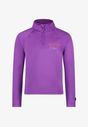 Fioletowa sportowa bluzka z długim rękawem, zapinana na ćwiartkowy zamek błyskawiczny i z wysokim kołnierzem, z napisem "B. Nosy Sport" na piersi.