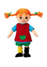 Doll with orange braided hair, blue shirt, red dress with green pocket, green shorts, mismatched yellow and black socks, and black shoes.